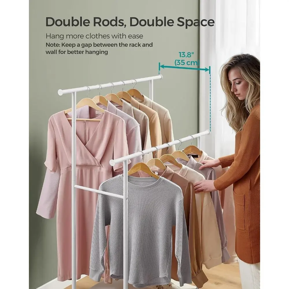 Clothes Rack with Wheels, Double-Rod 38.8 Inch Garment Rack, Shelf, up to 220 lb